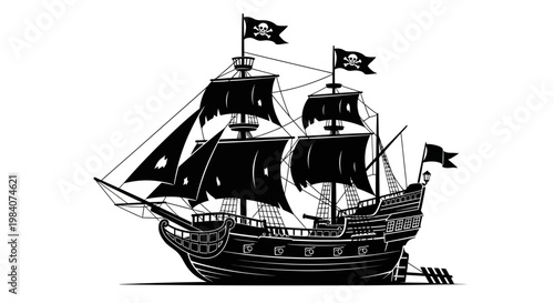 Pirate Ship Sailing on Ocean Water.