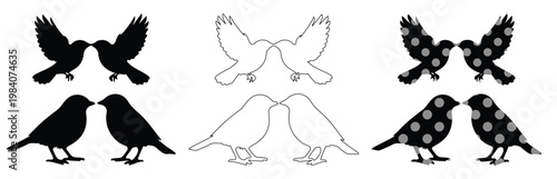 Set of 6 Bird Couple Silhouettes Vector Illustrations in Black, Outline, and Polka Dot Styles