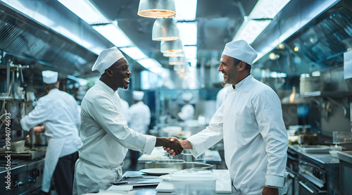 Chefs handshake in professional kitchen during restaurant service