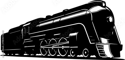 Vintage Streamlined Steam Locomotive Vector Illustration in Classic Black and White Graphic Style