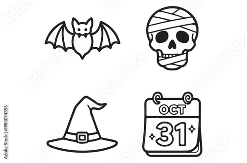 Halloween icons including a bat mummy witch hat and calendar