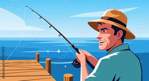 Man fishing on a dock with a serene ocean view on a sunny day outdoors