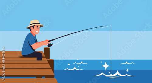 Man fishing on dock with rod in serene ocean landscape on sunny day