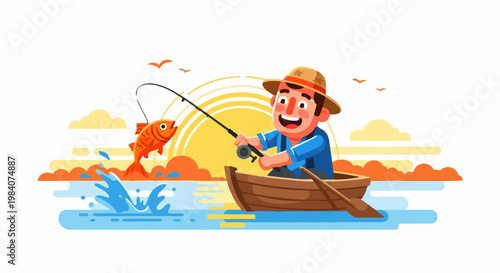 Man fishing in a boat on a lake with a large fish jumping out