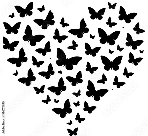 Black Butterfly Silhouettes Arranged in a Heart Shape Vector Graphic on White Background