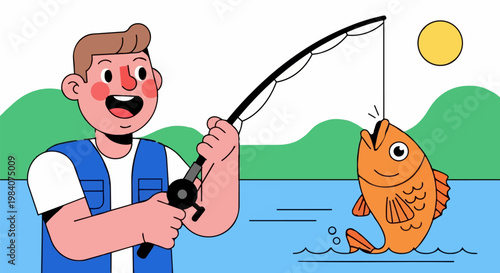 Man catches big orange fish while fishing on lake shore at sunny daytime