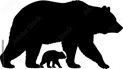 Black Silhouette of Mother Grizzly Bear and Cub Walking Wildlife Vector Illustration