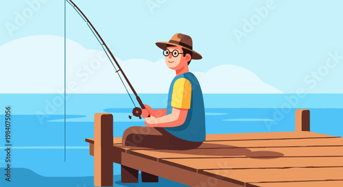 Man sits on dock fishing with rod in serene ocean landscape scenery