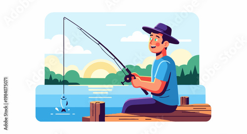 Man fishing on a wooden dock at serene lake during sunset with rod and hat