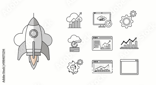 A rocket ship blasts off into clouds with graphs and gears floating nearby