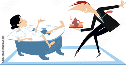 Man offer coffee to woman lying in the bathtub