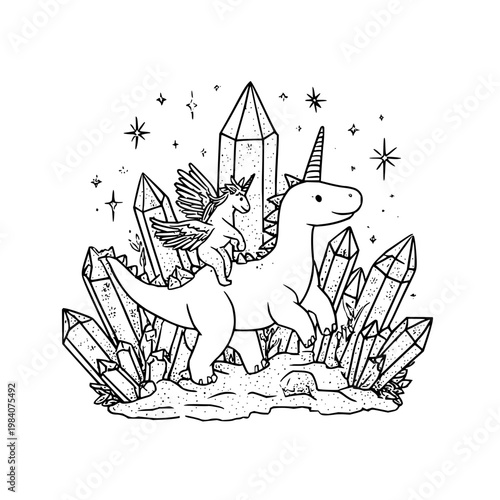 Whimsical dinosaur and winged unicorn fantasy illustration featuring magical crystals and sparkling stars in a charming hand drawn black and white line art style drawing