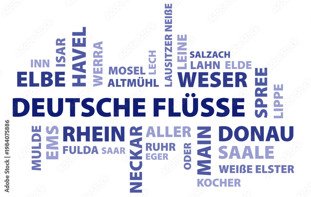 Obraz premium Wortwolke der deutschen Flüsse mit mehr als 300 Kilometer länge. Grafische Vorlage als Vektor Illustration.