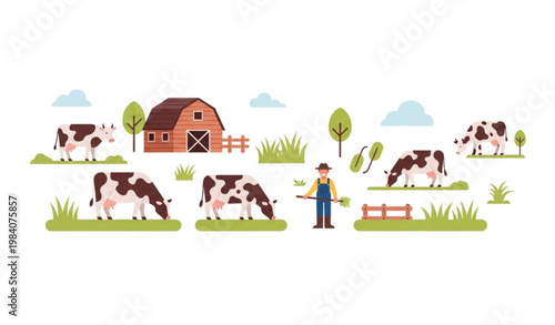 Organic cow farming vector illustration with healthy agriculture farm scene flat desig