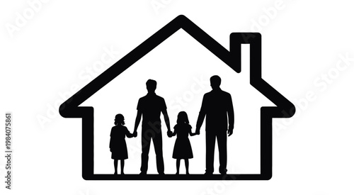 Family inside house outline concept illustration, flat 2d vector design symbolizing protection, warmth, security and home comfort.