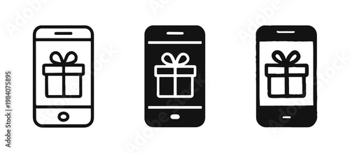 Mobile Shopping Gift Icons - Smartphone with Gift Box on Screen in Line, Solid, and Hand-Drawn Styles