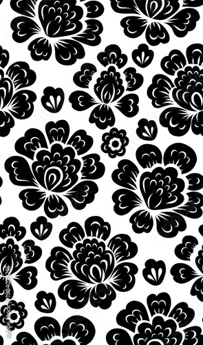 Vector seamless pattern black silhouette of decorative flowers on white background. Monochrome floral folk art texture. Tracery background