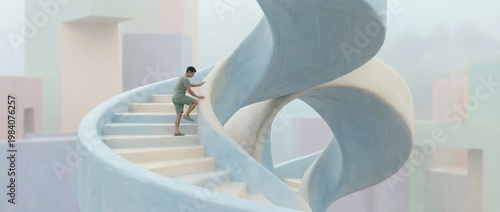 A person ascends a futuristic spiral staircase in a cityscape with soft dreamy aesthetic