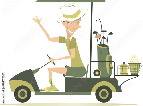 Positive day. Man on the golf cart goes to play golf