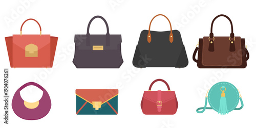 Vector set of various bags. A fashionable set of bag clip art in vector flat style.