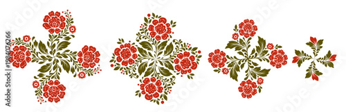 Vector set of decorative circular floral clip arts. Collection of tracery leaves mandala with red flowers and green leaves