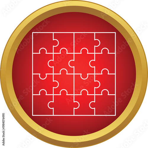 Connected jigsaw puzzle pieces illustrating problem solving and teamwork inside a red glossy circle