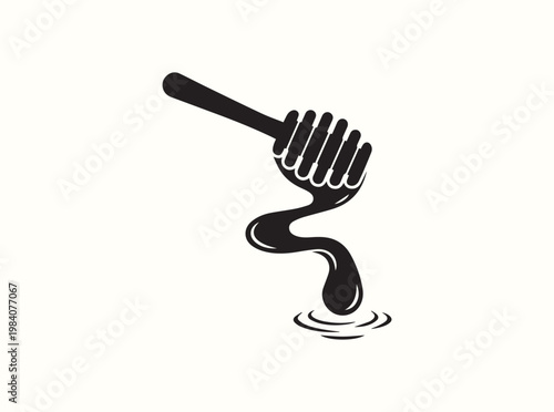 Solid black silhouette of a wooden honey dipper with a continuous wavy line of dripping honey to illustrate sweet food preparation steps for breakfast recipes