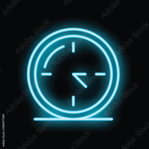 Blue neon clock glowing on black background telling the time