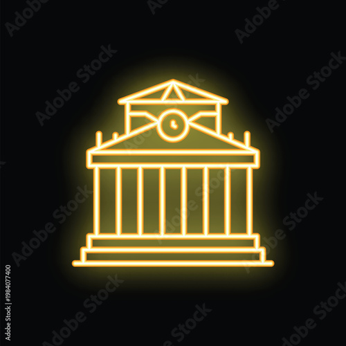 Yellow neon sign representing a courthouse with columns and a clock, on a black background