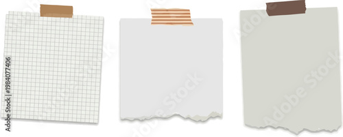 Taped memo notes and squared message reminder pads vector design