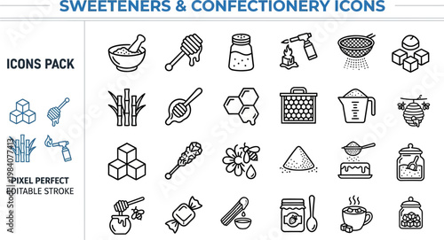Sweetener confectionery baking ingredient flavor line vector icons
