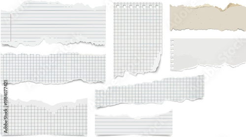 Torn graph notebook paper vector set with ripped lined sheet scraps for scrapbook