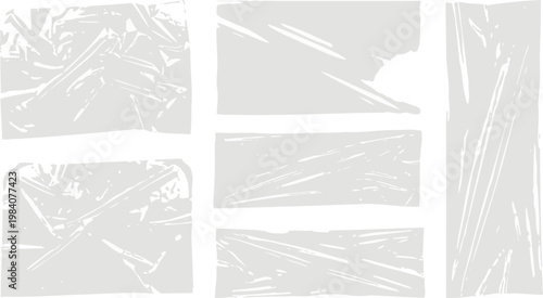 Transparent cling film pieces and wrinkled shrink wrap foil vector overlays