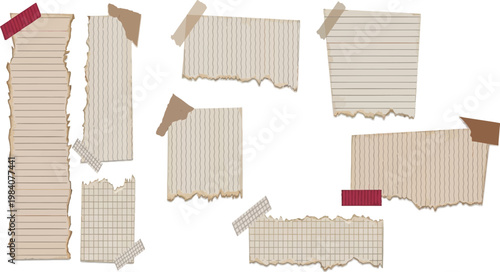Torn corrugated cardboard piece vector set with sticky tape patches for collage