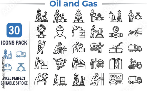 Oil gas petroleum refinery fossil fuel line vector icon set