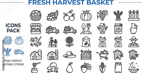 Farm fresh agriculture fruit vegetable harvest line vector icons