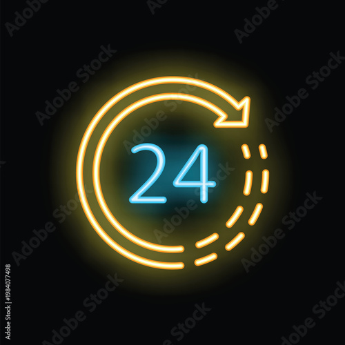 Neon sign showing the number twenty four surrounded by a circular arrow, indicating twenty four seven service availability