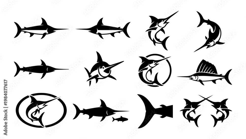 Fototapeta premium Swordfish Splash Silhouettes Set, Ocean Fishing Action and Water Logo Icons