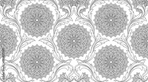 Monochrome Damask Ornamental Floral Repeating Pattern for Wallpaper and Textured Background.
