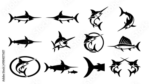 Swordfish Splash Silhouettes Set, Ocean Fishing Action and Water Logo Icons
