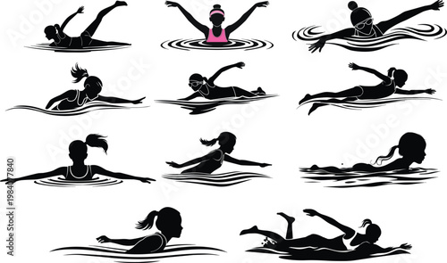 girls practice swimming Silhouette 