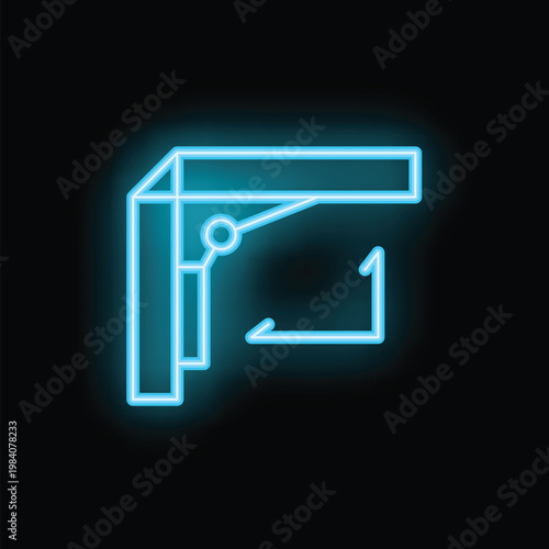 Glowing blue neon icon of a robotic arm picking up an object, on a black background