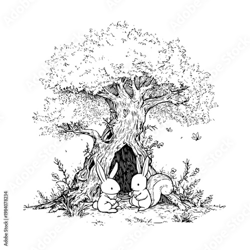 Cute rabbit and squirrel companions sitting together by an ancient hollow tree trunk in a whimsical hand drawn ink illustration style for enchanting storybook designs