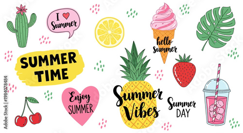 Summer vibes stickers show various fun food and drinks on a colorful day
