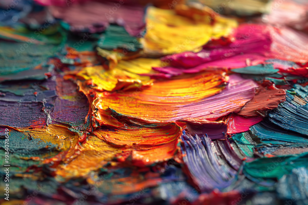 Obraz premium macro view of thick vibrant oil paint strokes in multiple colors