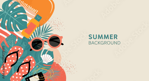 Vibrant summer background with sunglasses and flip flops on a beach