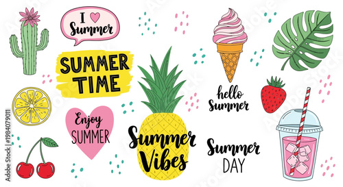 Summer icons and illustrations of food, drinks, and symbols on white background with olkjh ai generated