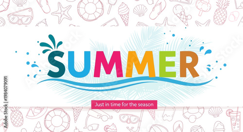 Vibrant summer illustration features colorful typography and fun graphics on a white background with pink designs