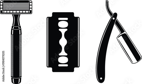Professional Razor Set Featuring Black and White Icons of a Modern Safety Razor, a Double Edge Blade, and a Classic Straight Edge Barber Razor