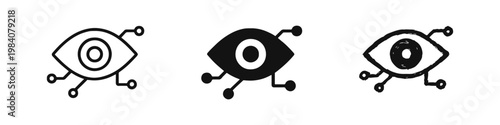 Cyber eye and machine vision circuit icons for biometric scanning and surveillance